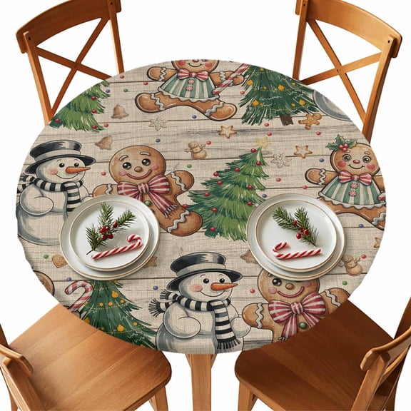 Round Fitted Tablecloths with Elastic Edge Retro Ginger-cake People on Wood Waterproof Table Cover for Kitchen Dining Party Decor,55" - 60"