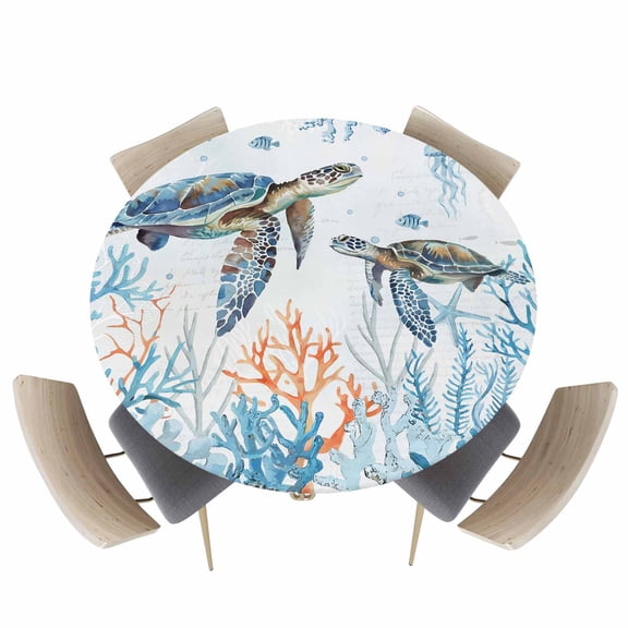 Round Fitted Tablecloths with Elastic Edge Sea ​​turtle Ocean Blue Coral Waterproof Table Cover for Kitchen Dining Party Decor,55" - 60"