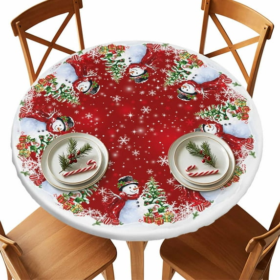 Round Fitted Tablecloths with Elastic Edge Snowman Christmas Tree Snowflake Waterproof Table Cover for Kitchen Dining Party Decor,36" - 44"