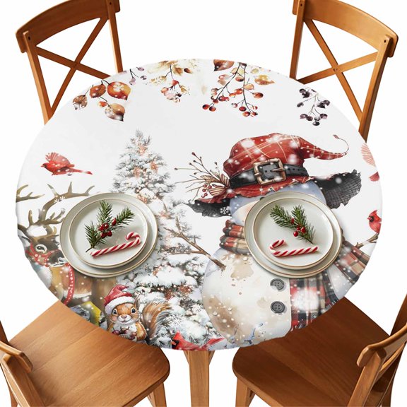 Round Fitted Tablecloths with Elastic Edge Snowman Reindeer Winter Snow Waterproof Table Cover for Kitchen Dining Party Decor,36" - 44"