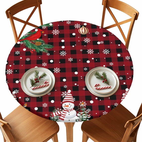 Round Fitted Tablecloths with Elastic Edge Snowman Xmas Ball Pine Tree Bird Waterproof Table Cover for Kitchen Dining Party Decor,55" - 60"