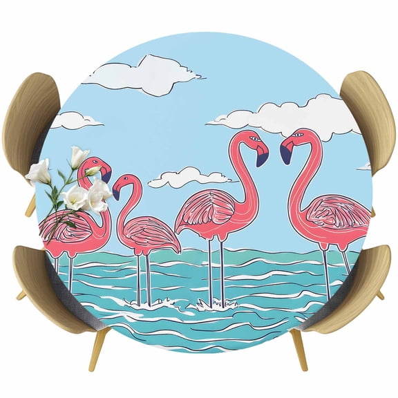 Round Fitted Tablecloths with Elastic Edge Summer Flamingo Cartoon Style Oil-Proof Waterproof Wipeable Table Cover,36" - 44"
