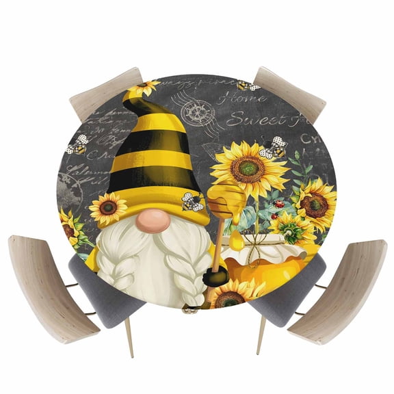 Round Fitted Tablecloths with Elastic Edge Sunflower Dwarf Honey Bee Waterproof Table Cover for Kitchen Dining Party Decor,45" - 54"