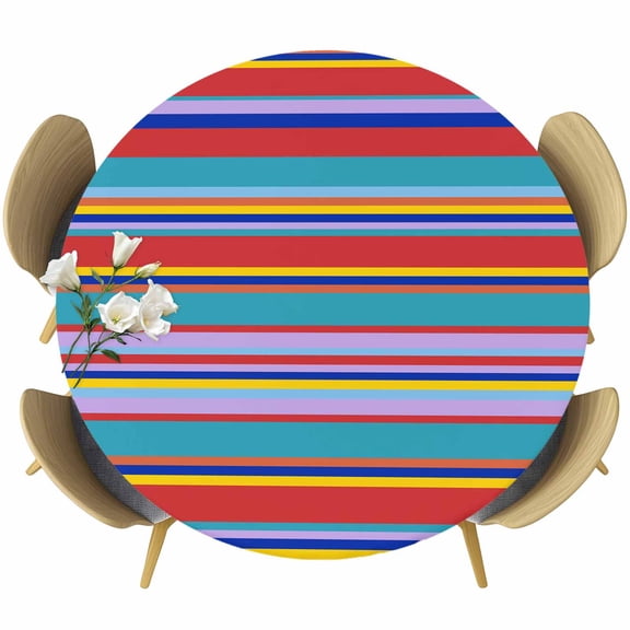 Round Fitted Tablecloths with Elastic Edge Traditional Mexico Colorful Stripes Oil-Proof Waterproof Wipeable Table Cover,36" - 44"