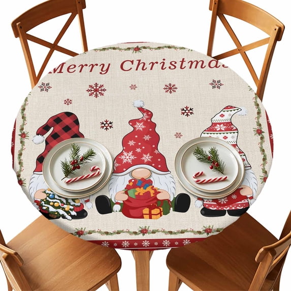 Round Fitted Tablecloths with Elastic Edge Vintage Christmas Gnome Snowflake Waterproof Table Cover for Kitchen Dining Party Decor,55" - 60"