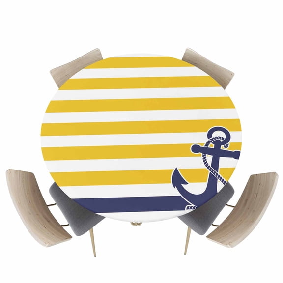Round Fitted Tablecloths with Elastic Edge Vintage Navigation Anchor Waterproof Table Cover for Kitchen Dining Party Decor,55" - 60"