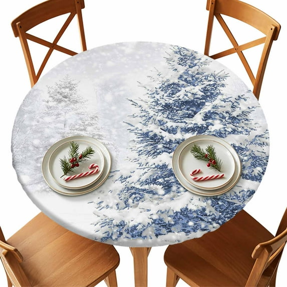 Round Fitted Tablecloths with Elastic Edge Winter Christmas Blue Tree Waterproof Table Cover for Kitchen Dining Party Decor,45" - 54"
