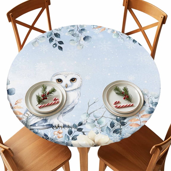 Round Fitted Tablecloths with Elastic Edge Winter Christmas Owl Waterproof Table Cover for Kitchen Dining Party Decor,55" - 60"