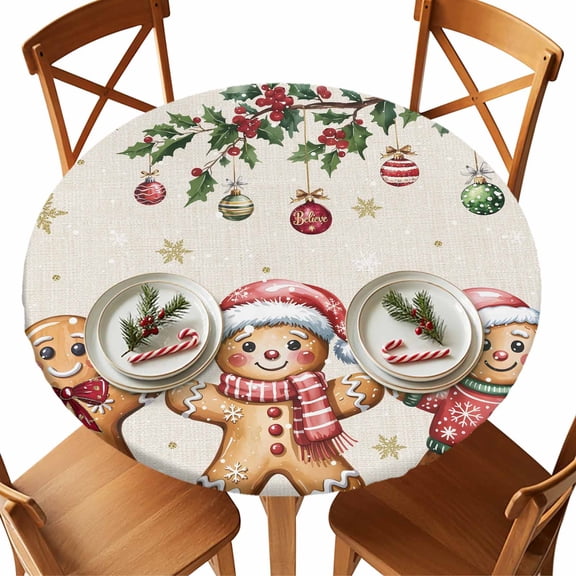 Round Fitted Tablecloths with Elastic Edge Winter Gingerbread Man Xmas Ball Waterproof Table Cover for Kitchen Dining Party Decor,55" - 60"