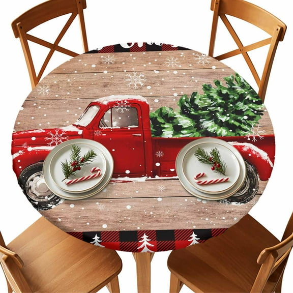 Round Fitted Tablecloths with Elastic Edge Winter Snowflake Red Truck Waterproof Table Cover for Kitchen Dining Party Decor,45" - 54"