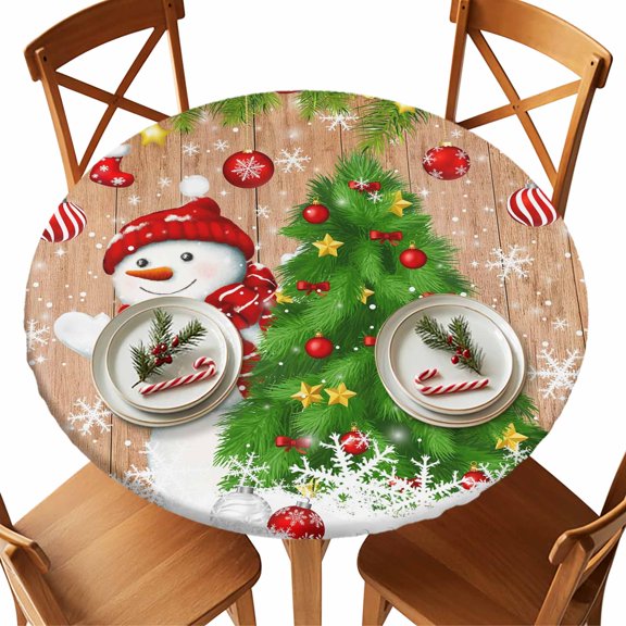 Round Fitted Tablecloths with Elastic Edge Winter Snowman Christmas Tree Socks Waterproof Table Cover for Kitchen Dining Party Decor,36" - 44"