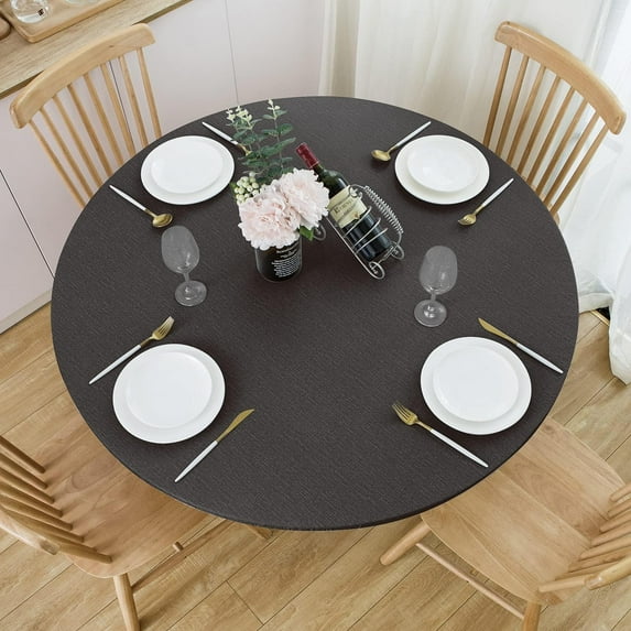 Round Fitted Vinyl Tablecloth with Elastic Edge 100% Waterproof Oil Proof PVC Table Cloth Wipe Clean Table Cover for Indoor and Outdoor, Black, 36"- 44"