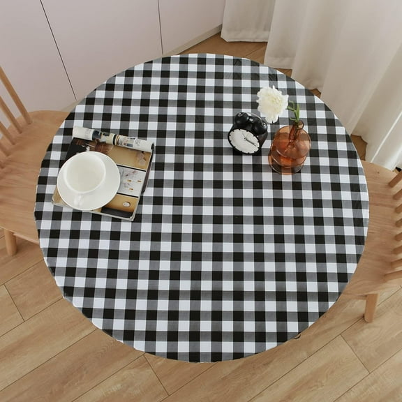 Round Fitted Vinyl Tablecloth with Elastic Edge 100% Waterproof Oil Proof PVC Table Cloth Wipe Clean Table Cover for Indoor and Outdoor, Black Check, 36"- 44"