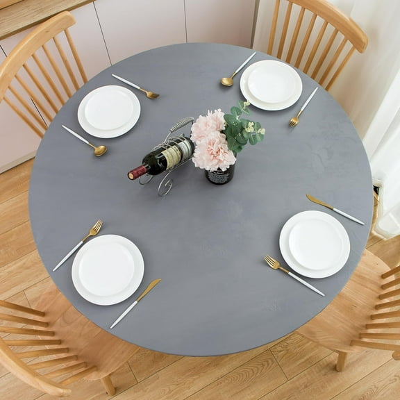 Round Fitted Vinyl Tablecloth with Elastic Edge 100% Waterproof Oil Proof PVC Table Cloth Wipe Clean Table Cover for Indoor and Outdoor, Flower Grey, 45"- 52"