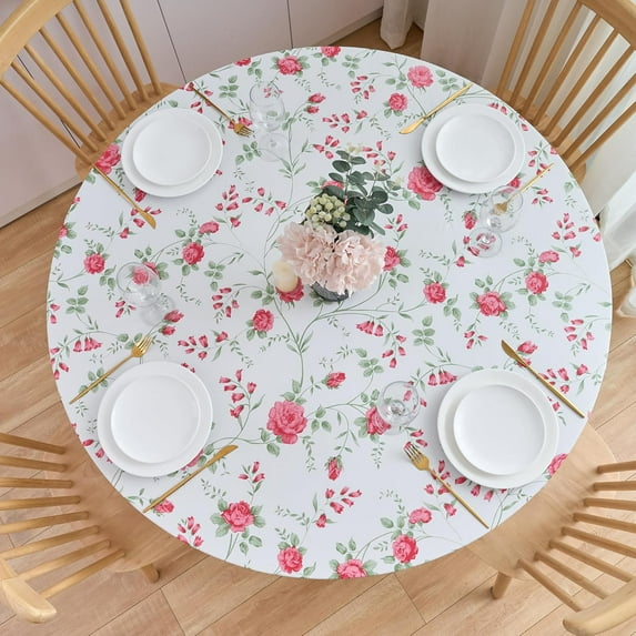 Round Fitted Vinyl Tablecloth with Elastic Edge 100% Waterproof Oil Proof PVC Table Cloth Wipe Clean Table Cover for Indoor and Outdoor, Rose, 40"- 44"