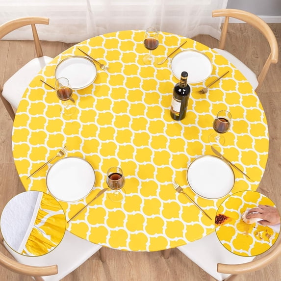 Round Fitted Vinyl Tablecloth with Elastic Edged & Flannel Backing, Waterproof, Round Table Cover for Indoor Outdoor Patio Use - Fits Tables up to 40" - 44" Diameter(Yellow Moroccan)