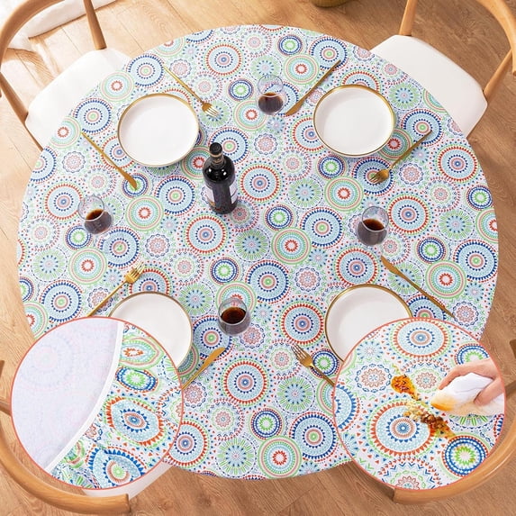 Round Fitted Vinyl Tablecloth with Elastic Edged & Flannel Backing, Waterproof, Round Table Cover for Indoor Outdoor Patio Use - Fits Tables up to 45" - 52" Diameter(Medallion Pattern)