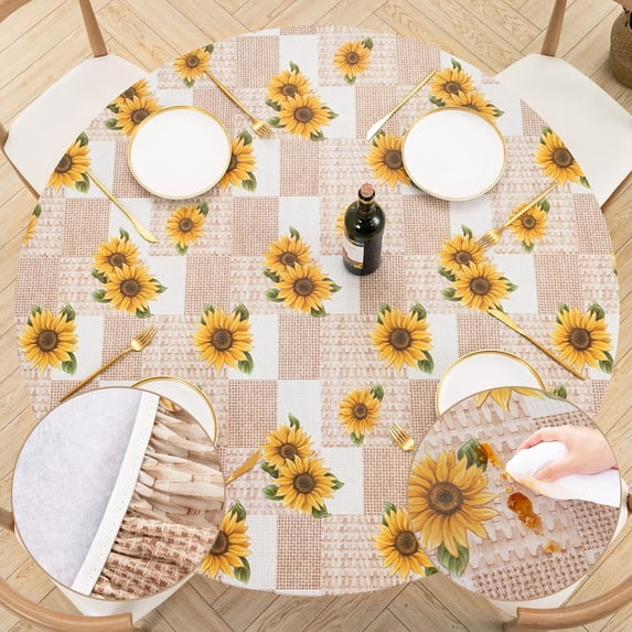 Round Fitted Vinyl Tablecloth with Elastic Edged & Flannel Backing, Waterproof Wipeable Round Table Cover for Indoor Outdoor Patio Use - Fits Tables up to 40" - 44" Diameter(Sunflower)