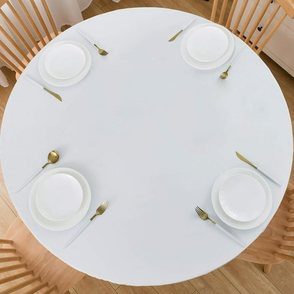 Round Fitted Vinyl Tablecloth Waterproof Elastic Edged Table Cloth -Pure White -Plastic Table Covers for Indoor & Outdoor Fits 45"-52" Round Table