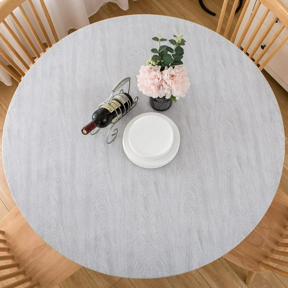 Round Fitted Vinyl Tablecloth Waterproof Elastic Edged Table Cloth - Weather Gray Wood -Plastic Table Covers for 45"-52" Round Table