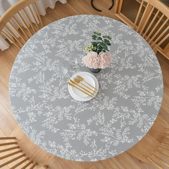Round Fitted Vinyl Tablecloth with Flannel Backing, Elastic Edge Waterproof Table Cloth Plastic Table Cover for Indoor & Outdoor