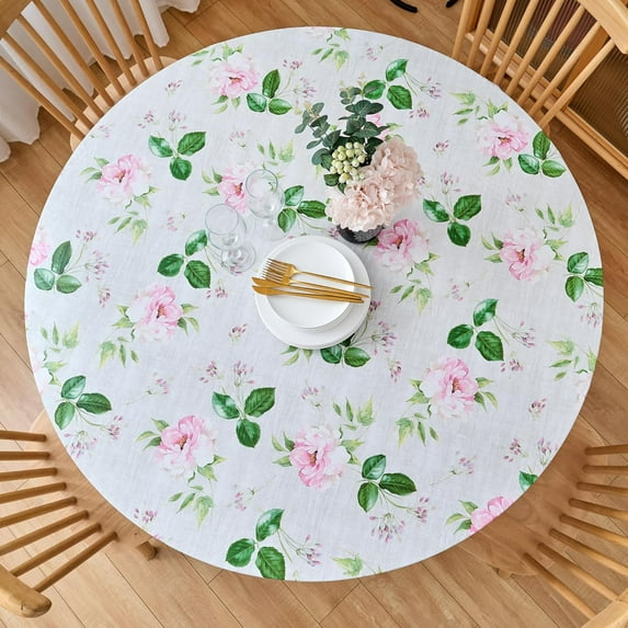 Round Fitted Vinyl Tablecloth with Flannel Backing, Elastic Edge Waterproof Table Cloth Plastic Table Cover for Indoor & Outdoor