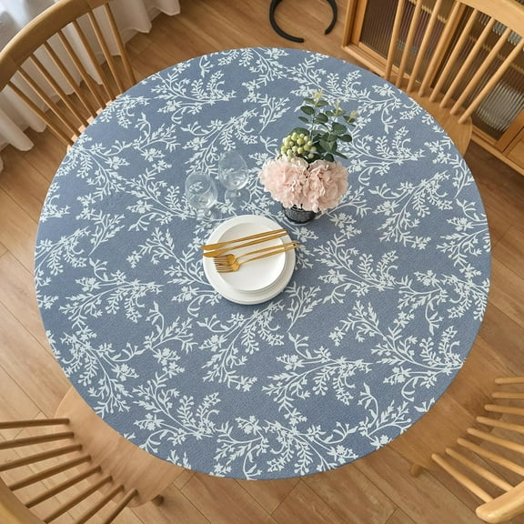 Round Fitted Vinyl Tablecloth with Flannel Backing, Elastic Edge Waterproof Table Cloth Plastic Table Cover for Indoor & Outdoor