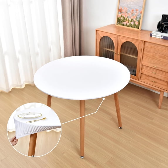 Round Fitted White Tablecloth with Elastic for 48 inch Tables No Slip Cloth Table Covers Washable Stretchy Table Cloths for Kitchen Dining Outdoor Party