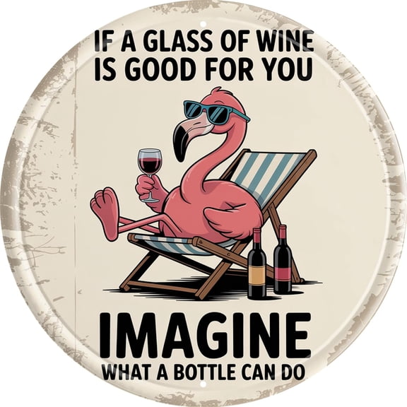 Round Flamingo Wine Humor Metal Sign, 8 x 8 in Tropical Wall Plaque for Patio Bar Decor