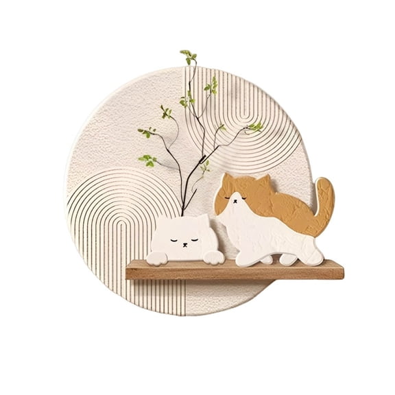 Round Floating Shelf 3D Textured Cat Wall Art Boho Wall Hanging Rack Decor for Living Room Bedroom Entryway Kitchen Home Cat Lover Gift