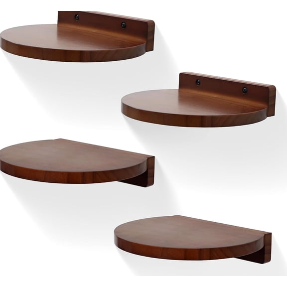 Round Floating Shelf Set, Solid Pine Wood Wall Shelves, 4 Pack Walnut, 15 Lbs Capacity for Home Decor