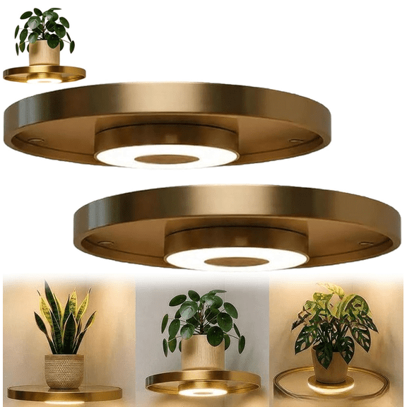 Round Floating Wall Shelf with Built-in Ambient LED Light, Space Saving Floating Shelves with Soft Warm Lights for Living Room Bedroom Entryway Plant Display (2 pcs)