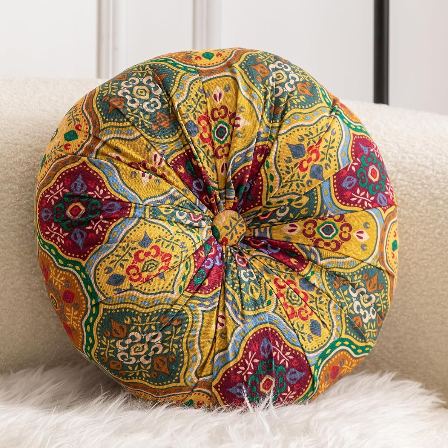 Round Floor Pillow Cushion Pleated Throw Pillows Boho Printed Accent