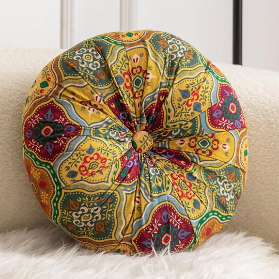 Round Floor Pillow Cushion Pleated Throw Pillows Boho Printed Accent Pumpkin Decorative Throw Pillows with Button Cotton Linen Pillow Cushion for Sofa Couch Vanity Chair Bed Diameter 14"