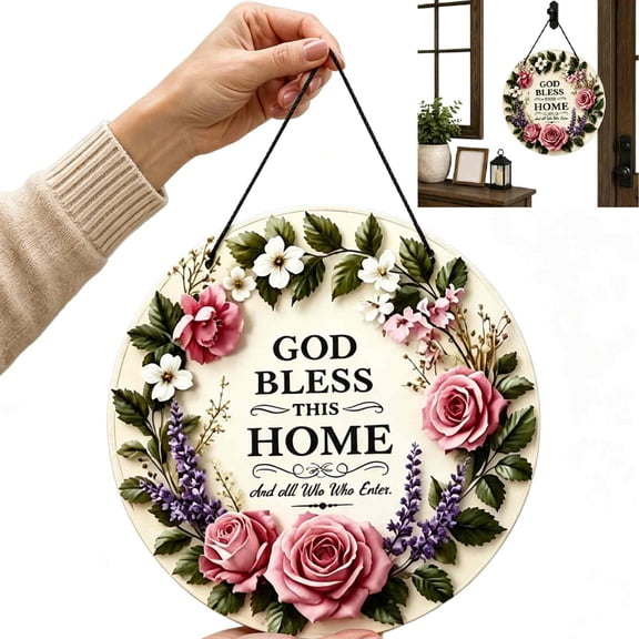 Round Floral God Bless This Home Door Sign - Rustic Metal Wall Art Decor, Weatherproof & UV Resistant, Pre-Drilled Holes, 3 Sizes for Front Door, Porch, Home Entryway & Farmhouse Decor 7.87in (A)