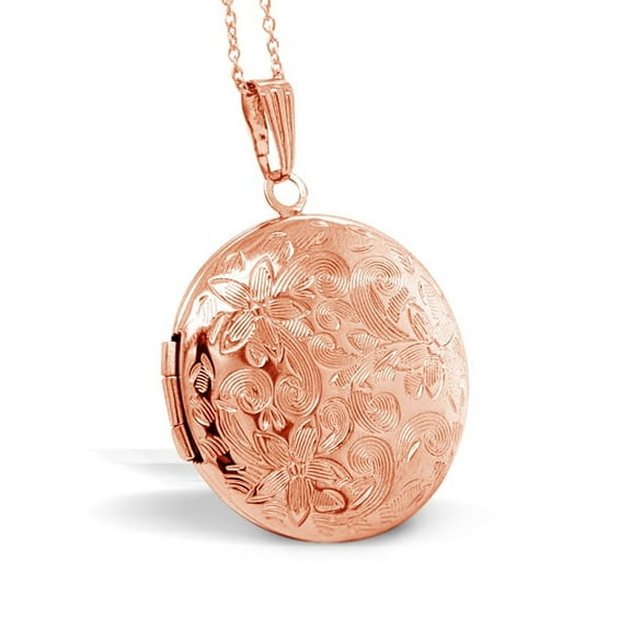 Round Floral Photo Locket With 18 Chain - Rose Gold Plated