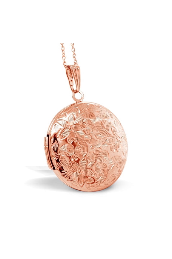 Round Floral Photo Locket With 18 Chain - Rose Gold Plated