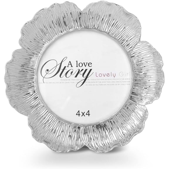 Round Floral Silver Picture Frame, 4x4 Circular Flower Shaped Photo Frames with High Definition Glass Front for Wedding, GraduationPerfect Gift Choice