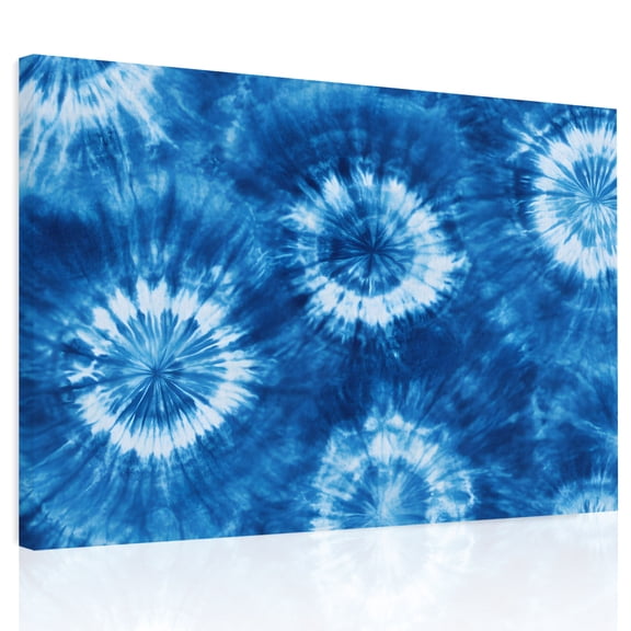 Round Floral Tie-dye Canvas Print Wall Art, Blue Watercolor Retro Ethnic Style Wall Decor Modern Artwork Paintings Pictures for Living Room Framed and Stretched Ready to Hang, 24" x 32"