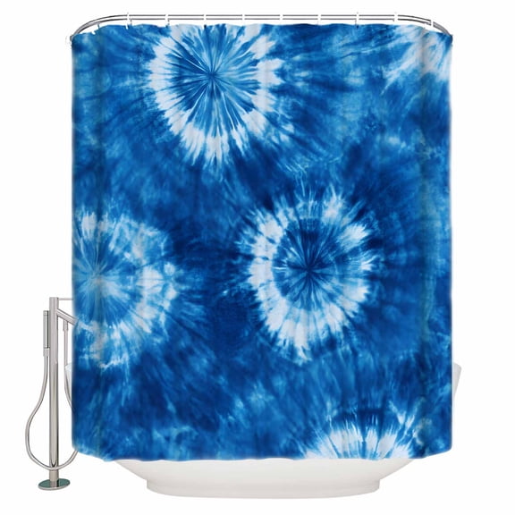 Round Floral Tie-dye Shower Curtain, 72" x 72", Blue Watercolor Retro Ethnic Style Waterproof Bathroom Curtain Washable Shower Curtain Set with 12 Hooks