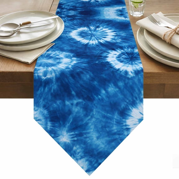 Round Floral Tie-dye Table Runner 36 Inches Long Blue Watercolor Retro Ethnic Style Table Runners for Dining Room Tabletop Dresser Scarf Home Party Banquet Wedding Holiday Decoration