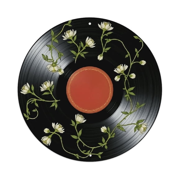 Round Floral Vinyl Record Aluminum Metal Sign, 8 Inch Vintage Black Record with White Flowers Wall Decor Plaque, Pre-Drilled for Easy Hanging