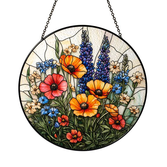 Round Floral Wildflower Window Hanging Suncatcher, Stained Glass Style Botanical Art Panel for Home Decor