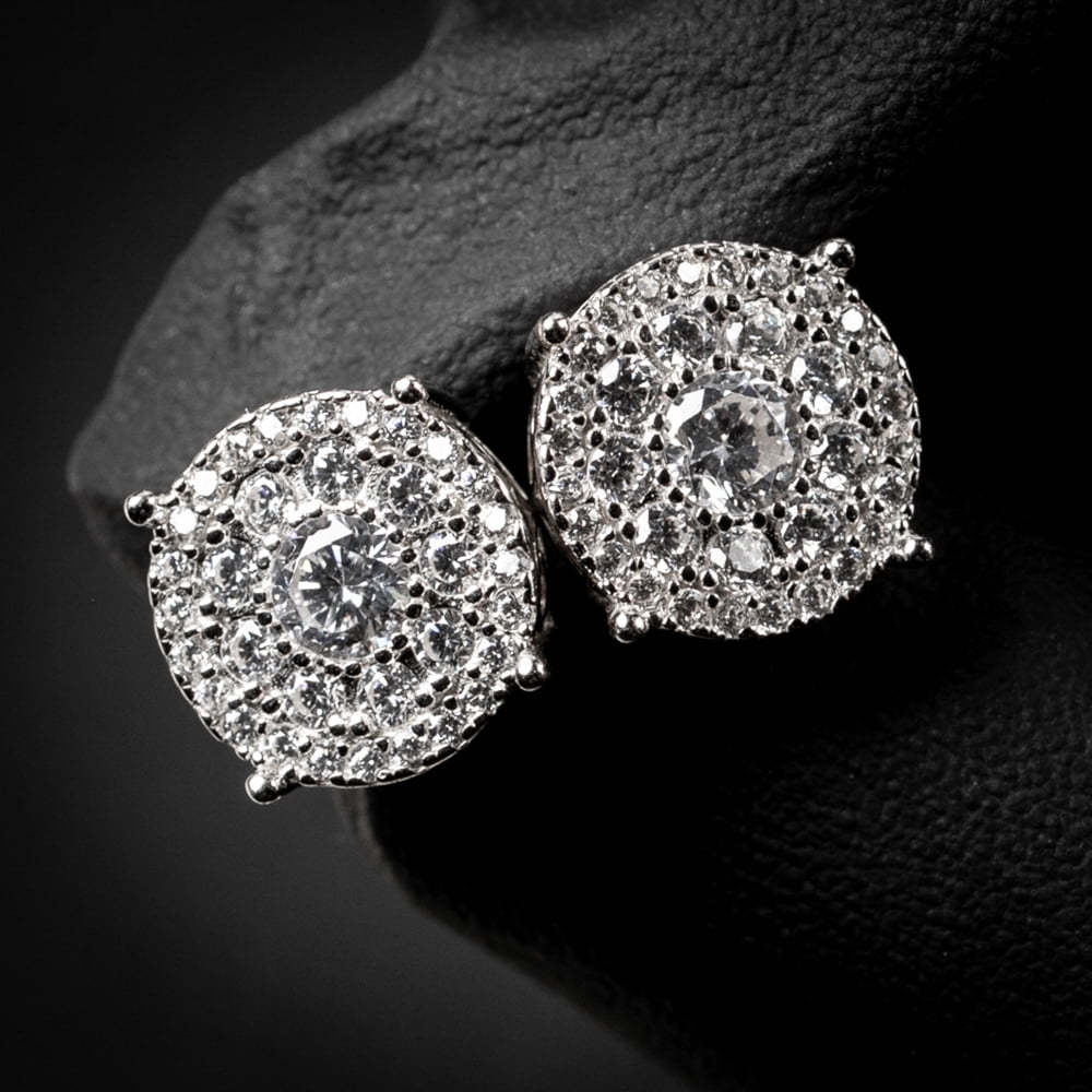 ●TATIANA● Silver 925 Bulky Emblem Circle One-Touch Earring Sterling Silver Crescent Moon Cubic Zirconia Stud Earrings