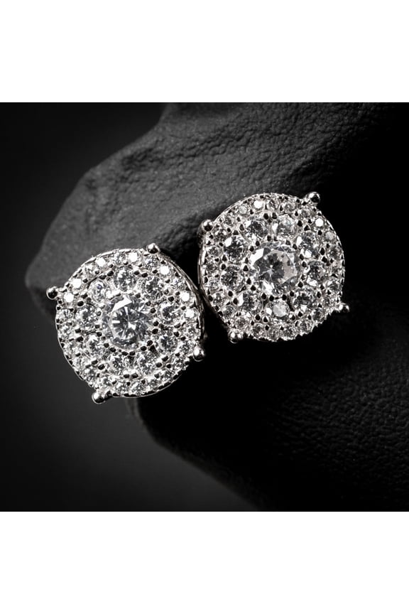 Round Flower Cluster White Gold Plated 925 Sterling Silver Post Stud Earrings  5A CZ Stone 3D Flower Set Big  Large 11mm Circle Screw On Earrings