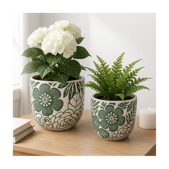 Round Flower Pots for Home Decor - Ceramic Planters for Indoor and Outdoor Plants - Pottery Cement Textured Floral Design Plant Pots for Garden Style Spaces - Set of 2, 7", 6", White & Green