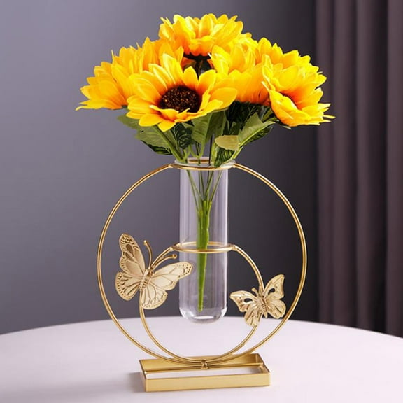 Round Flower Vase, Iron Imitation Flower Arrangement, Gold Metal Home Decor, Fake Floral Centerpiece for Living Room Dining Table Desktop