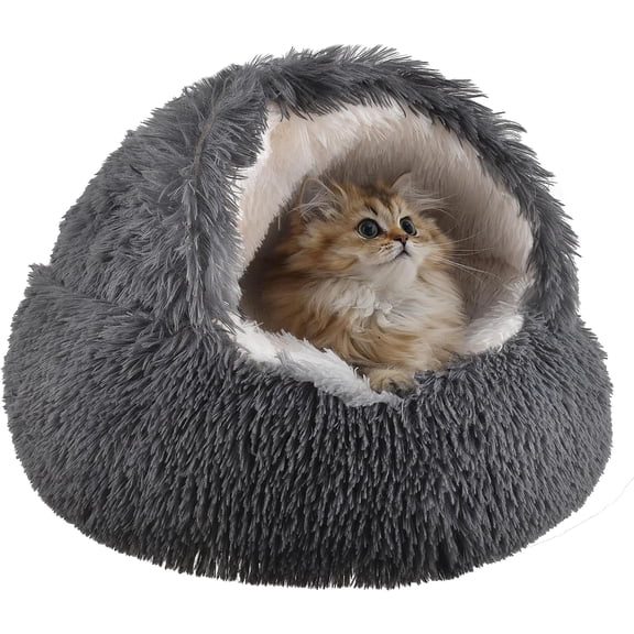 Round Fluffy Hooded Cat Bed Cave with Anti-Anxiety Design, Cozy Cuddler Pet Bed for Cats and Small Dogs, Anti-Slip Bottom, Machine Washable Soft Blanket