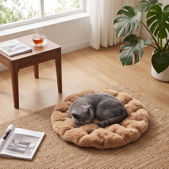 Round Fluffy Pet Cushion Thick Padded Plush Rest Bed Mat for Small Medium Dog Cat Indoor Sleeping Lounging