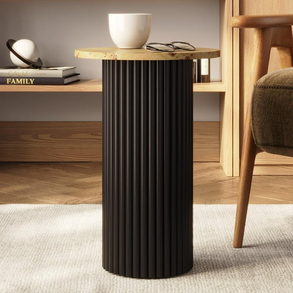 Round Fluted Accent Side Table - Drink Table - Living Room Furniture (Two-Tone Burl Wood Veneer with Black Base)